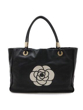 Chanel Camellia Logo Tote Large Shoulder Bag Leather Black Silver